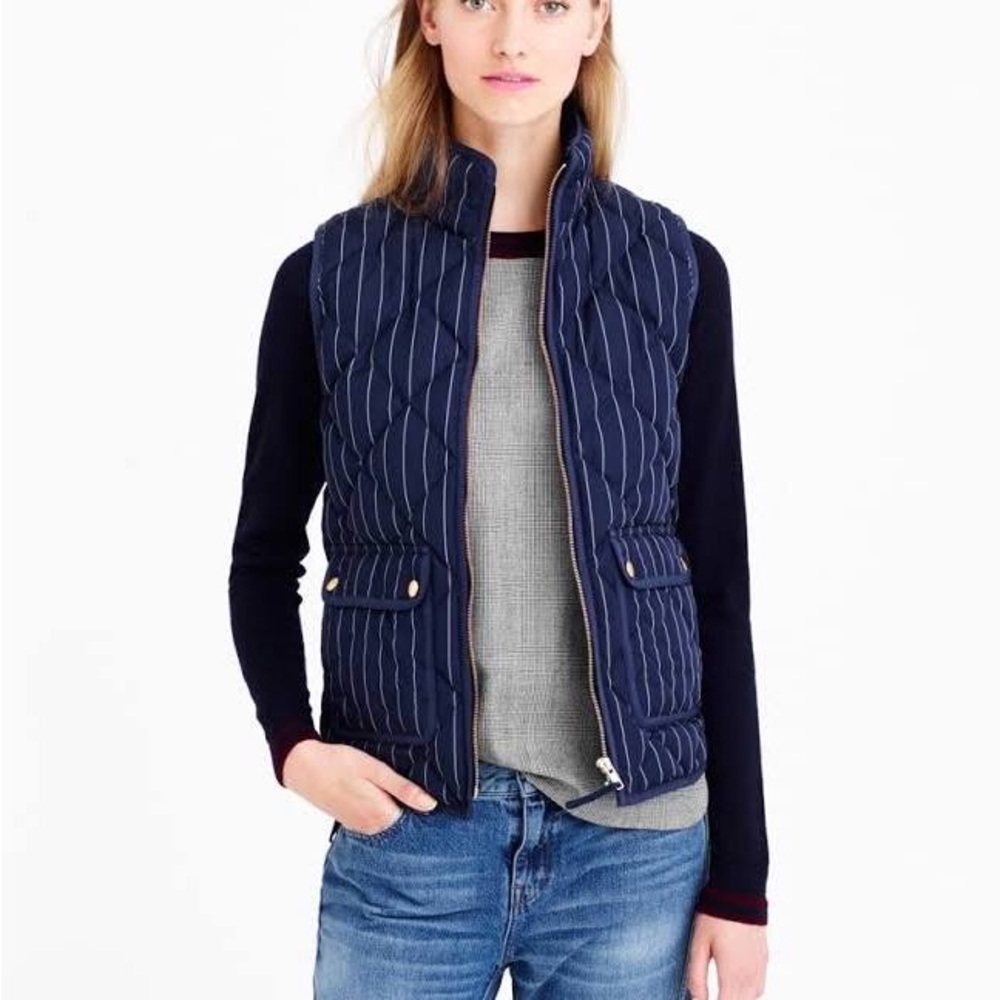 J. Crew Excursion Striped Quilted Down Puffer Vest in Navy Blue - Picture 1 of 4